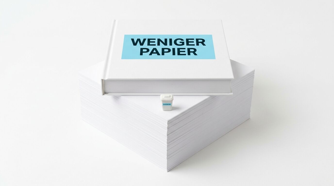Weißes Buch mit Text „WENIGER PAPIER“ auf Papierstapel mit kleiner Mülltonne davor