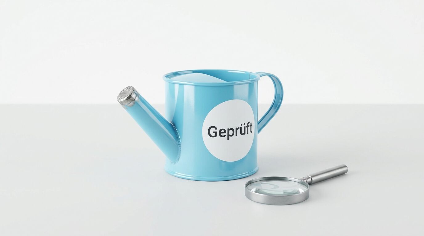 Blaue Gießkanne mit Aufkleber „Geprüft“ und Lupe davor auf weißem Grund