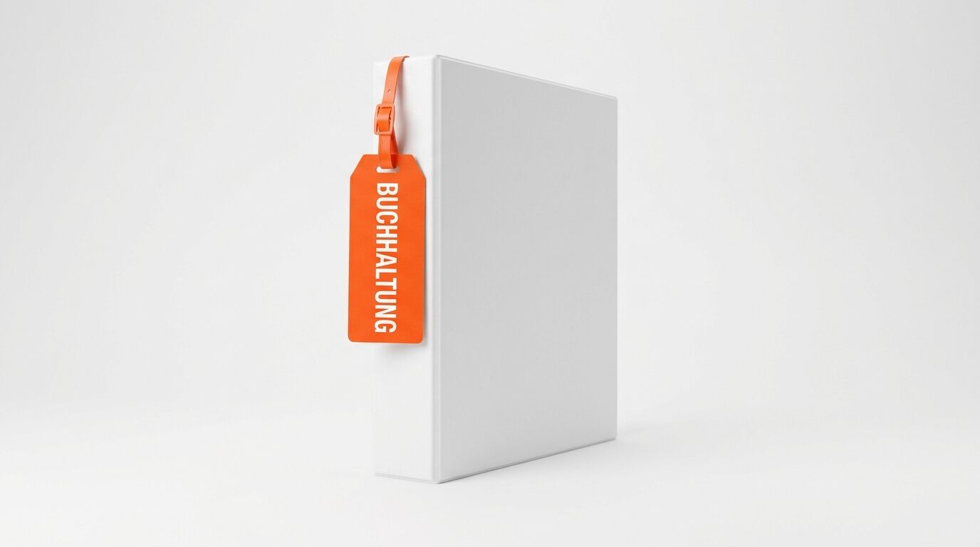 Weißer Ordner mit orangerotem Anhänger und Aufschrift „BUCHHALTUNG“ vor weißem Hintergrund