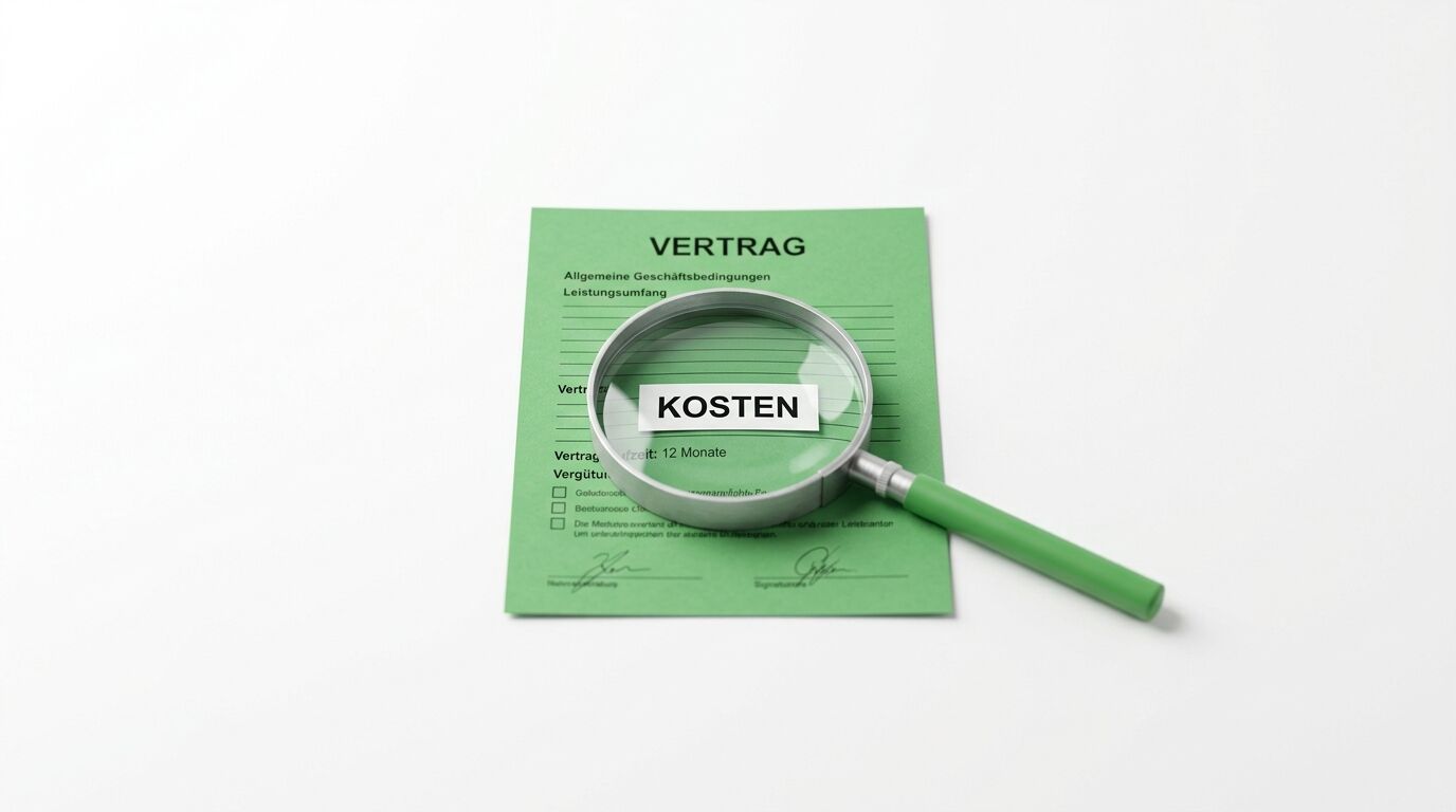 Grüner Vertrag mit Lupe, die das Wort "KOSTEN" hervorhebt. Deutsche Geschäftsbedingungen sichtbar