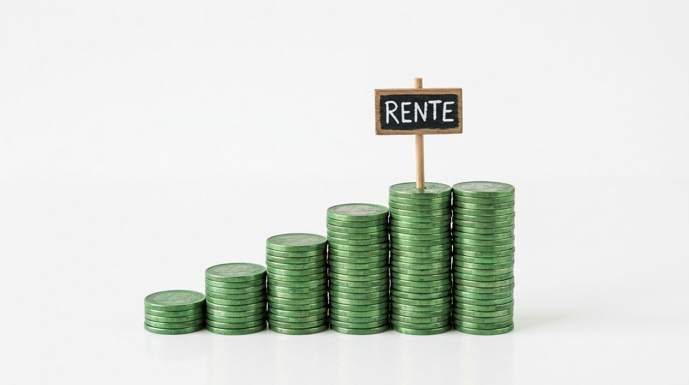 Aufsteigende Stapel grüner Münzen mit einem Schild, das "RENTE" beschriftet ist