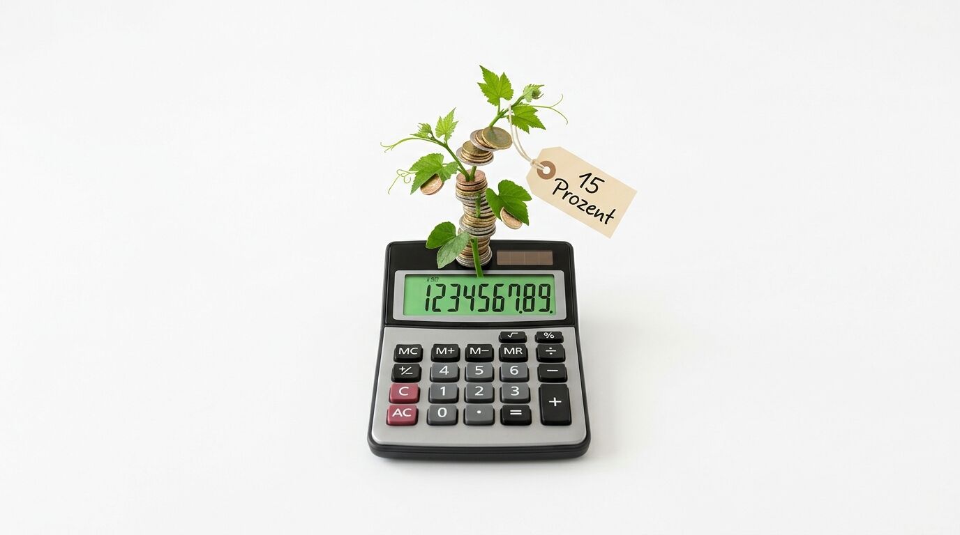 Taschenrechner mit Münzenstapel und Pflanze, beschriftet "15 Prozent", symbolisiert finanzielle Wachstum
