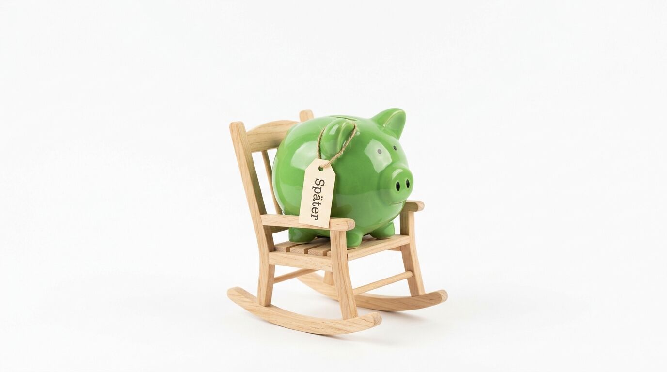 Grünes Sparschwein mit "Sparer"-Etikett sitzt auf einem Holzschaukelstuhl vor weißem Hintergrund