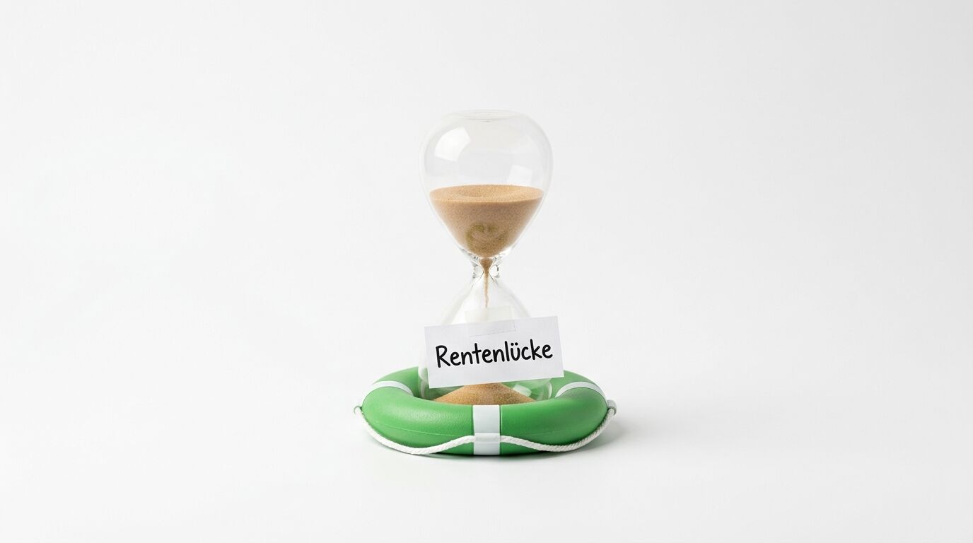 Sanduhr mit grünem Sockel und weißem Etikett "Rentenlücke", symbolisiert die Altersversorgungslücke