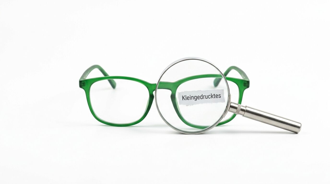 Zwei grüne Brillen mit einer Lupe, die das Wort "Kleingedrucktes" zeigt
