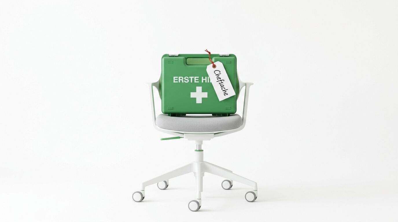 Grüner Erste-Hilfe-Kasten auf einem modernen Bürostuhl mit Rollen und Etikett "Gebrauchte"