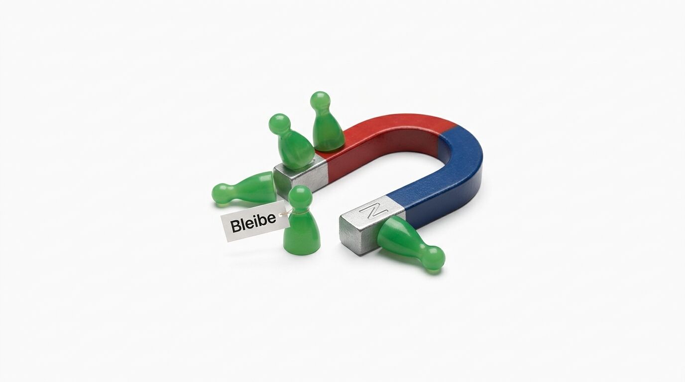 Hufeisen-Magnet mit grünen Spielfiguren. Eine Figur trägt ein Schild mit "Bleibe", eine andere wird angezogen