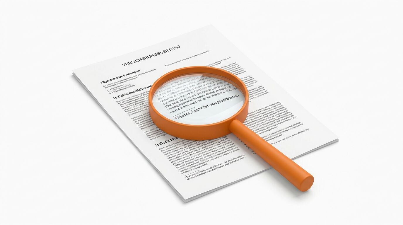 Lupe auf deutschem Versicherungsvertrag, orange Rahmen, Dokument mit Text und Überschriften sichtbar