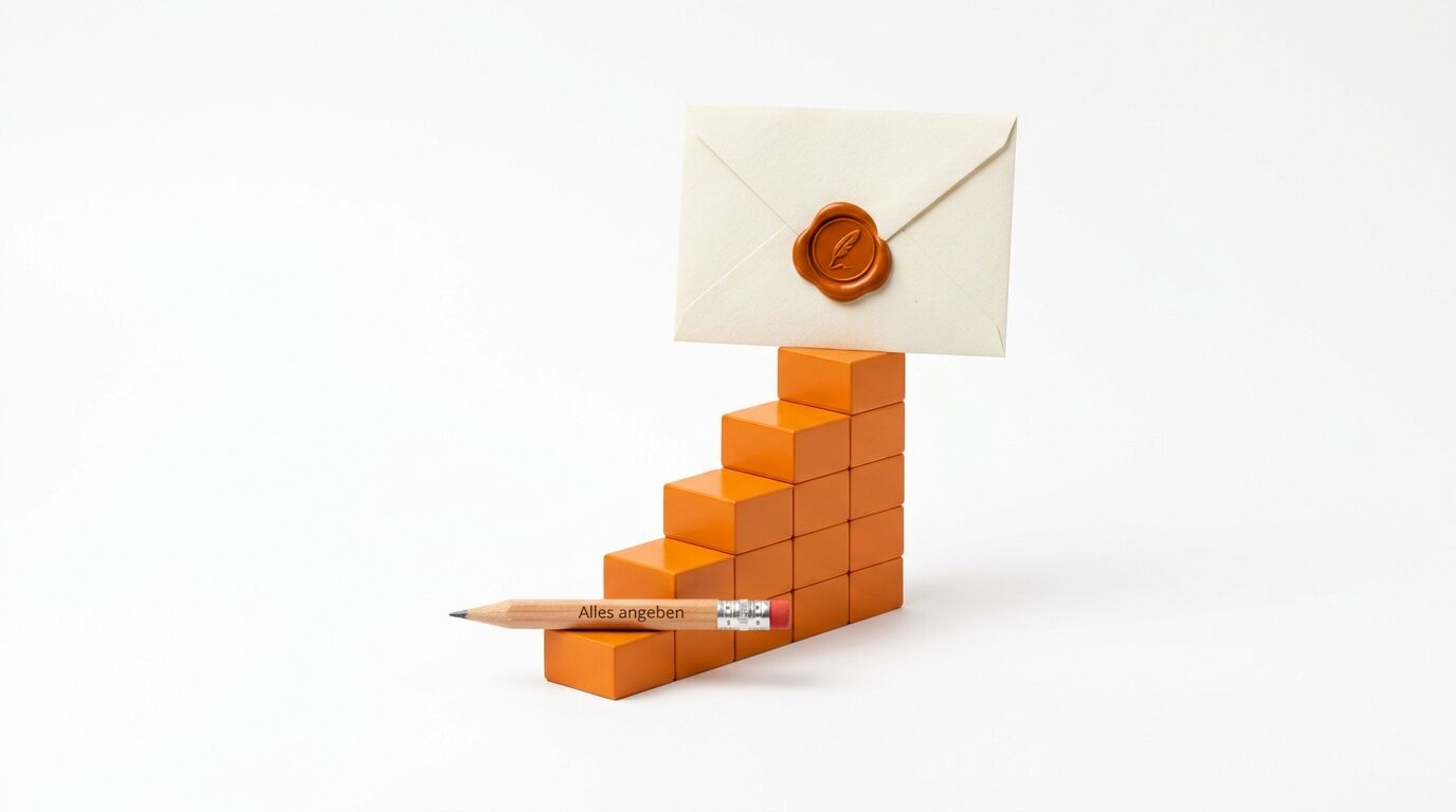 Envelope mit Wachssiegel auf einer Treppe aus orangenen Bausteinen mit einem Bleistift, auf dem "Alles angeben" steht