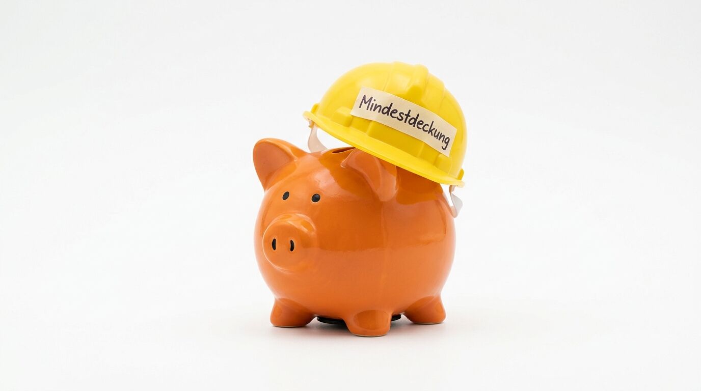 Orangenes Sparschwein mit gelbem Schutzhelm, auf dem "Mindestedeckung" steht