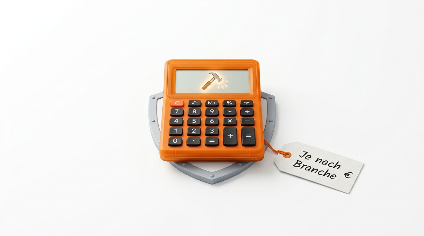 Orange Taschenrechner mit Hammer-Symbol auf Display und Preisschild "Je nach Branche €"