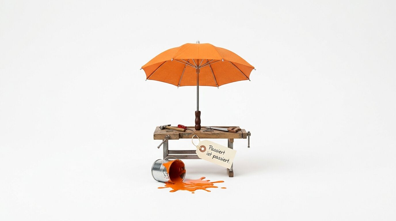 Werkbank mit orange Schirm, umgestürztem Farbeimer und Schild "Passiert ist passiert"