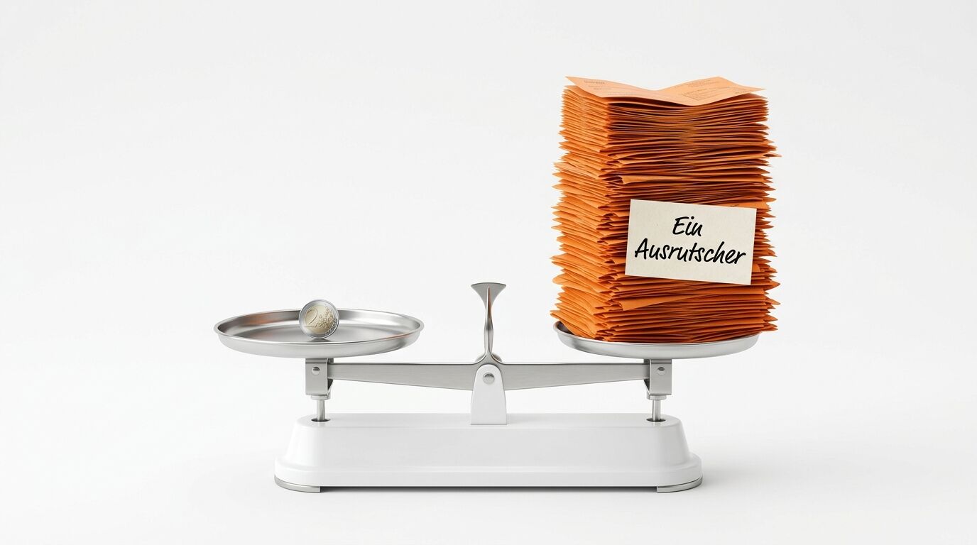 Eine Waage mit einer Euro-Münze auf der linken Seite und einem Stapel orangefarbener Dokumente mit der Aufschrift "Ein Ausrutscher" auf der rechten Seite