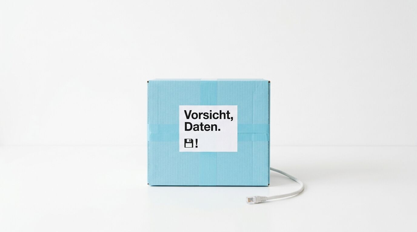 Hellblauer Karton mit Aufkleber "Vorsicht, Daten." und Diskettensymbol, Netzwerkkabel angeschlossen