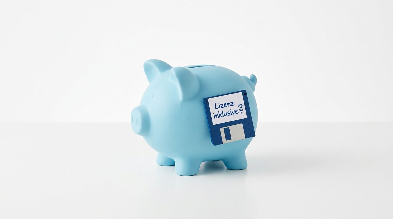 Blaues Sparschwein mit aufgeklebter Diskette und Text "Lizenz inklusive?" auf hellem Hintergrund