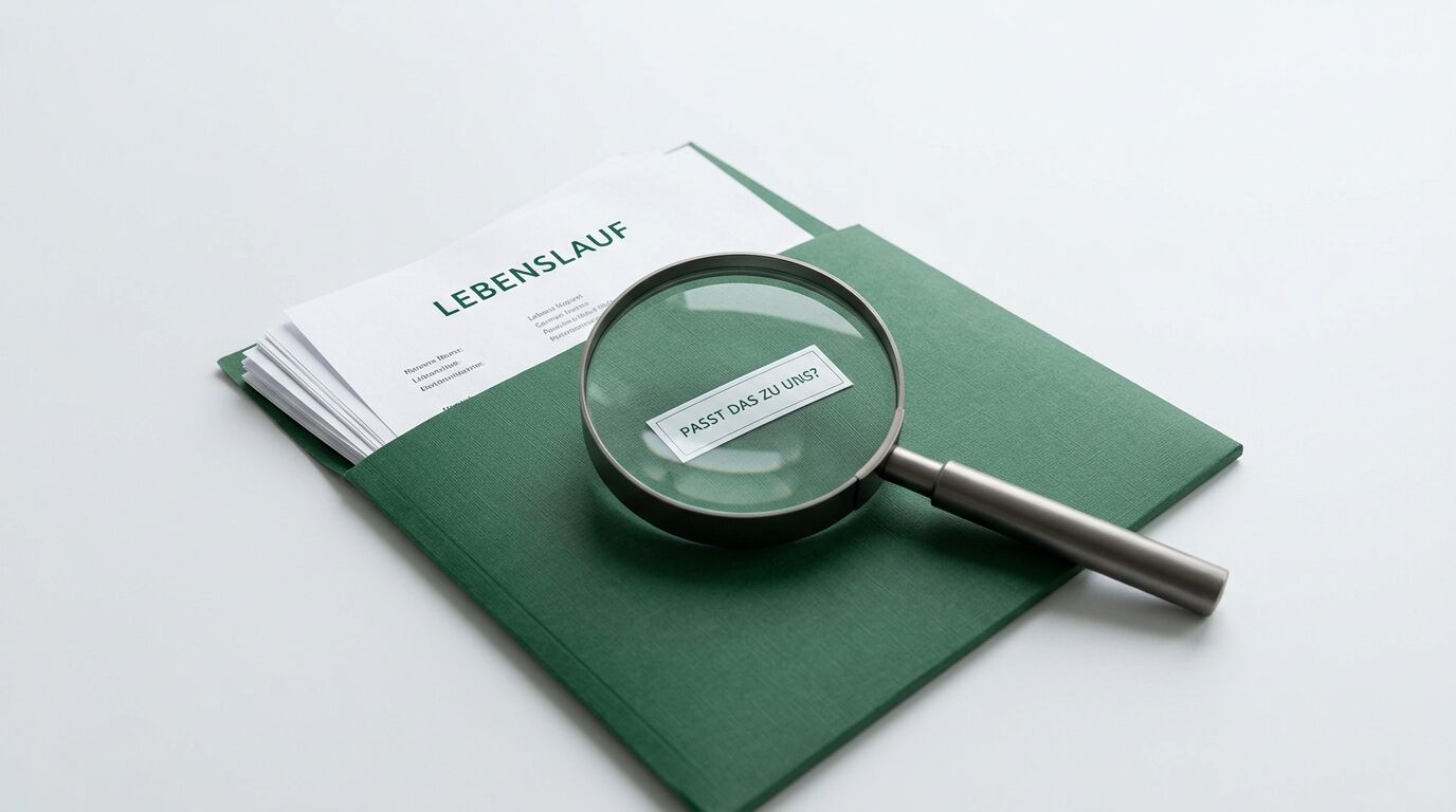 Grünes Buch mit "Lebenslauf"-Titel und Visitenkarten, darüber eine Lupe mit Etikett "Passt das zu Unst"