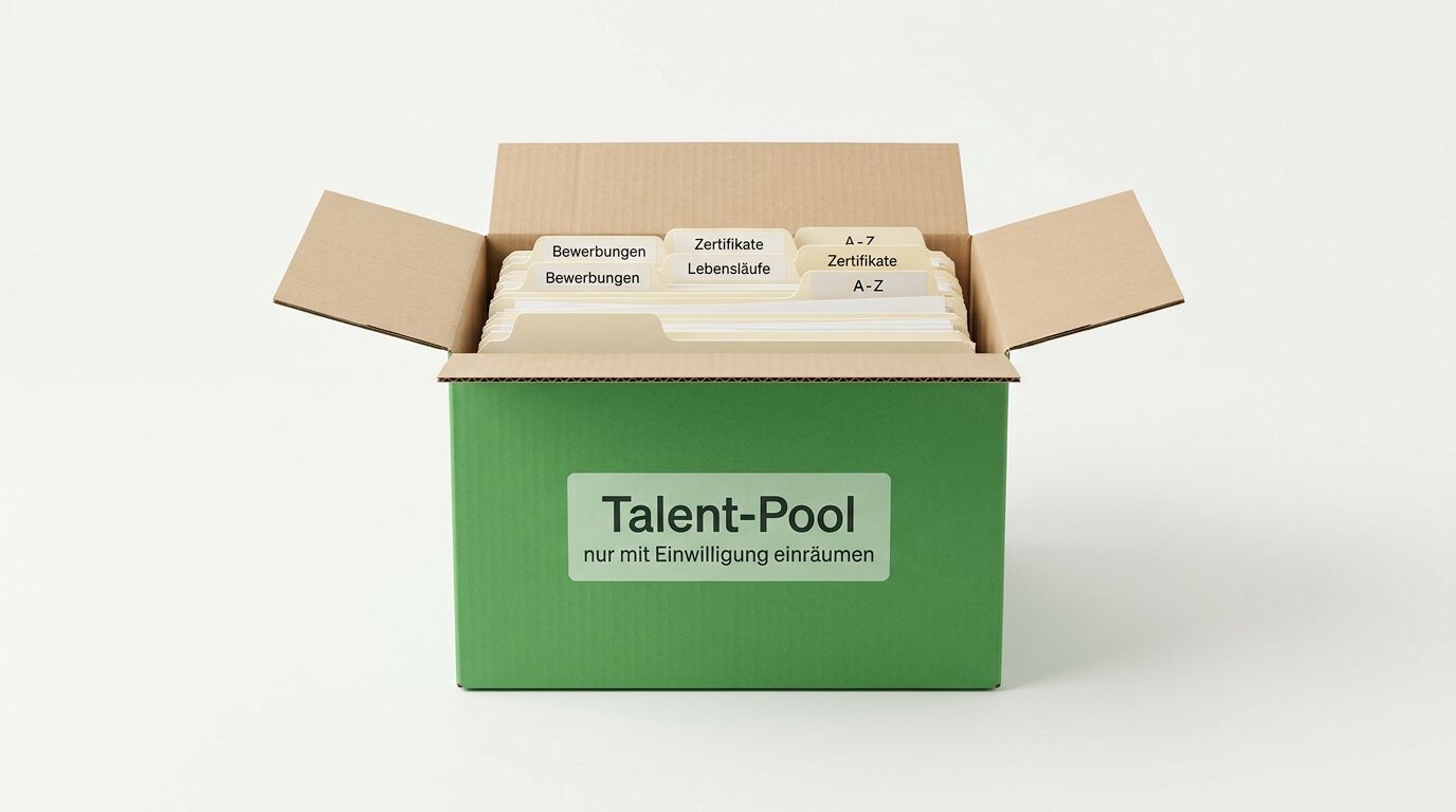 Offene grüne Kartonbox mit beige/cremefarben Karteikartenboxen mit Registerkarten für "Talent-Pool"