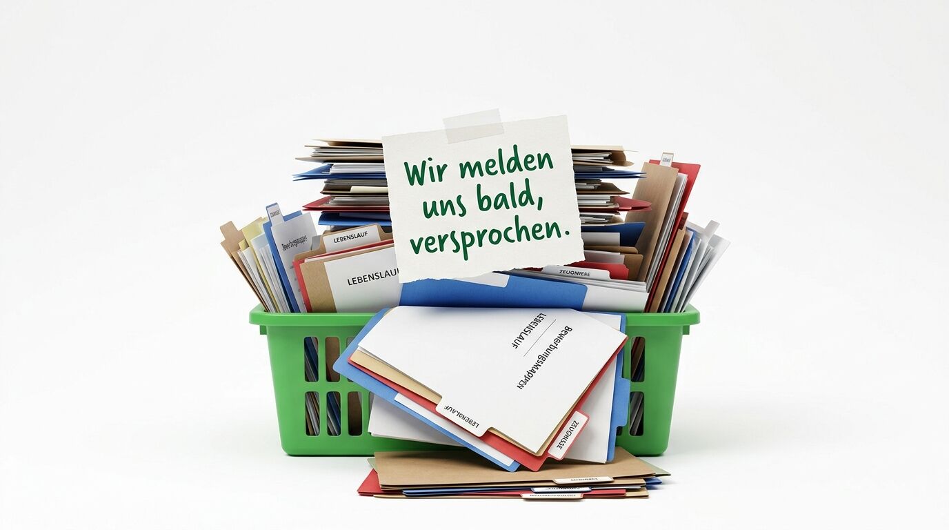 Grüner Kunststoffkorb gefüllt mit Büchern, Ordnern und Dokumenten. Ein Zettel mit grünem Text "Wir melden uns bald, versprochen" liegt oben auf