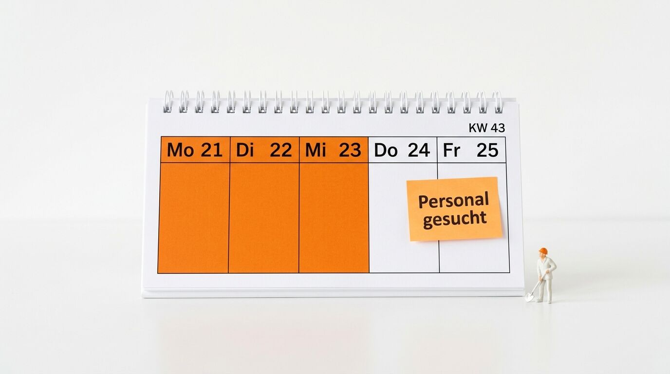 Tischkalender für KW 43, Notiz „Personal gesucht“, daneben eine kleine Bauarbeiterfigur