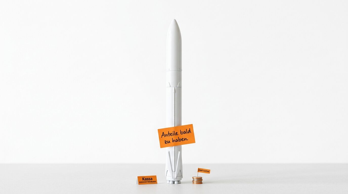 Raketenmodell mit Notiz „Anteile bald zu haben“, Münzstapel und Kassa-Schild auf weißem Grund