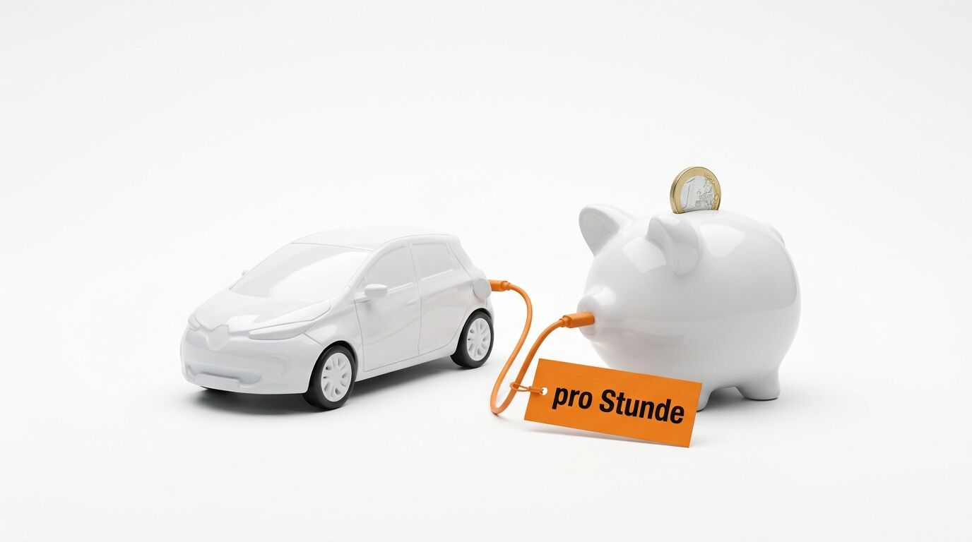 Modellauto an Sparschwein angeschlossen, mit Euro-Münze und orangefarbenem Anhänger