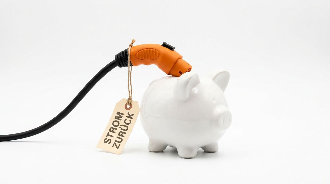 E-Ladekabel an Sparschwein mit „STROM ZURÜCK“-Schild
