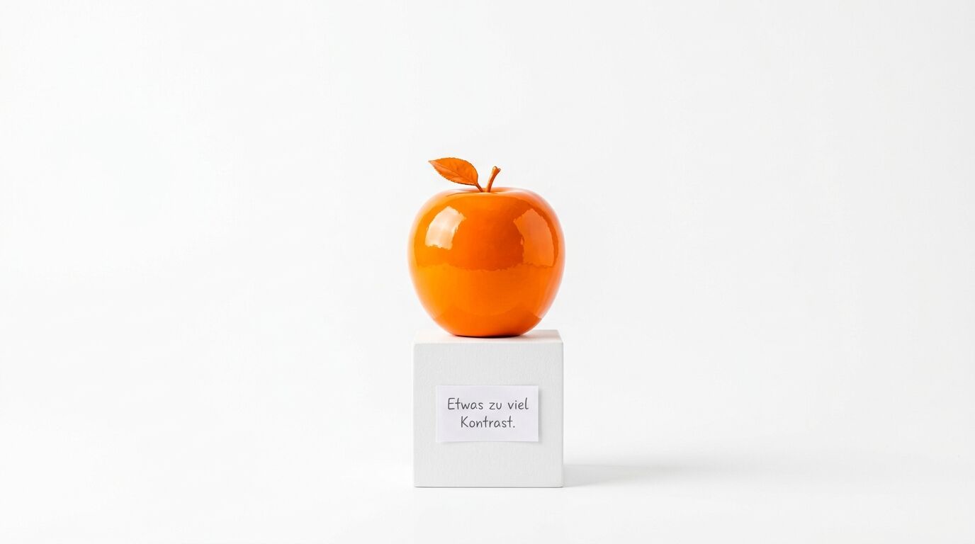 Ein glänzender orangefarbener Apfel mit Blatt sitzt auf einem weißen Würfel mit der Aufschrift "Etwas zu viel Kontrast"