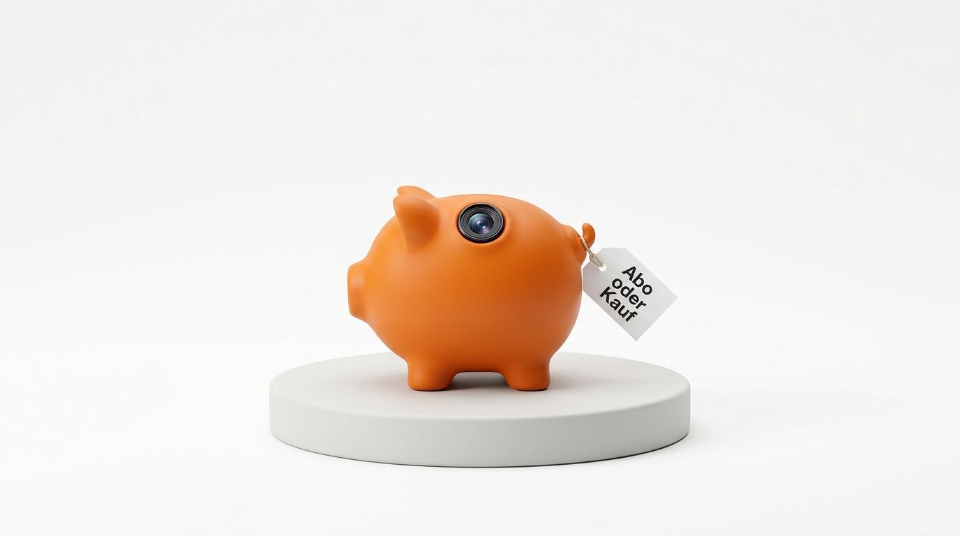 Orange Sparschwein mit Kamera-Auge auf weißem Podest, Anhänger mit "Aber Kauf" Aufschrift