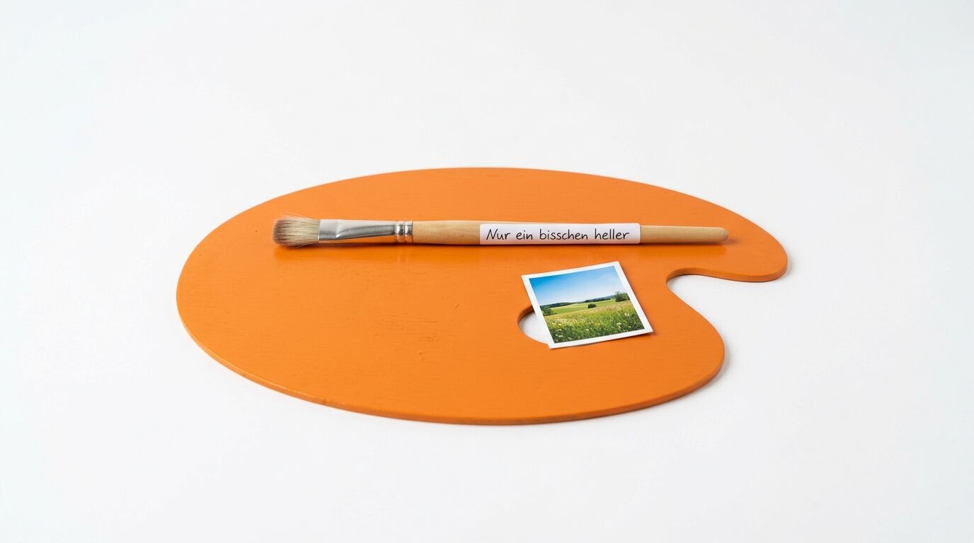 Orangene Künstlerpalette mit Pinsel beschriftet „Nur ein bisschen heller" und einer Landschaftsfotografie