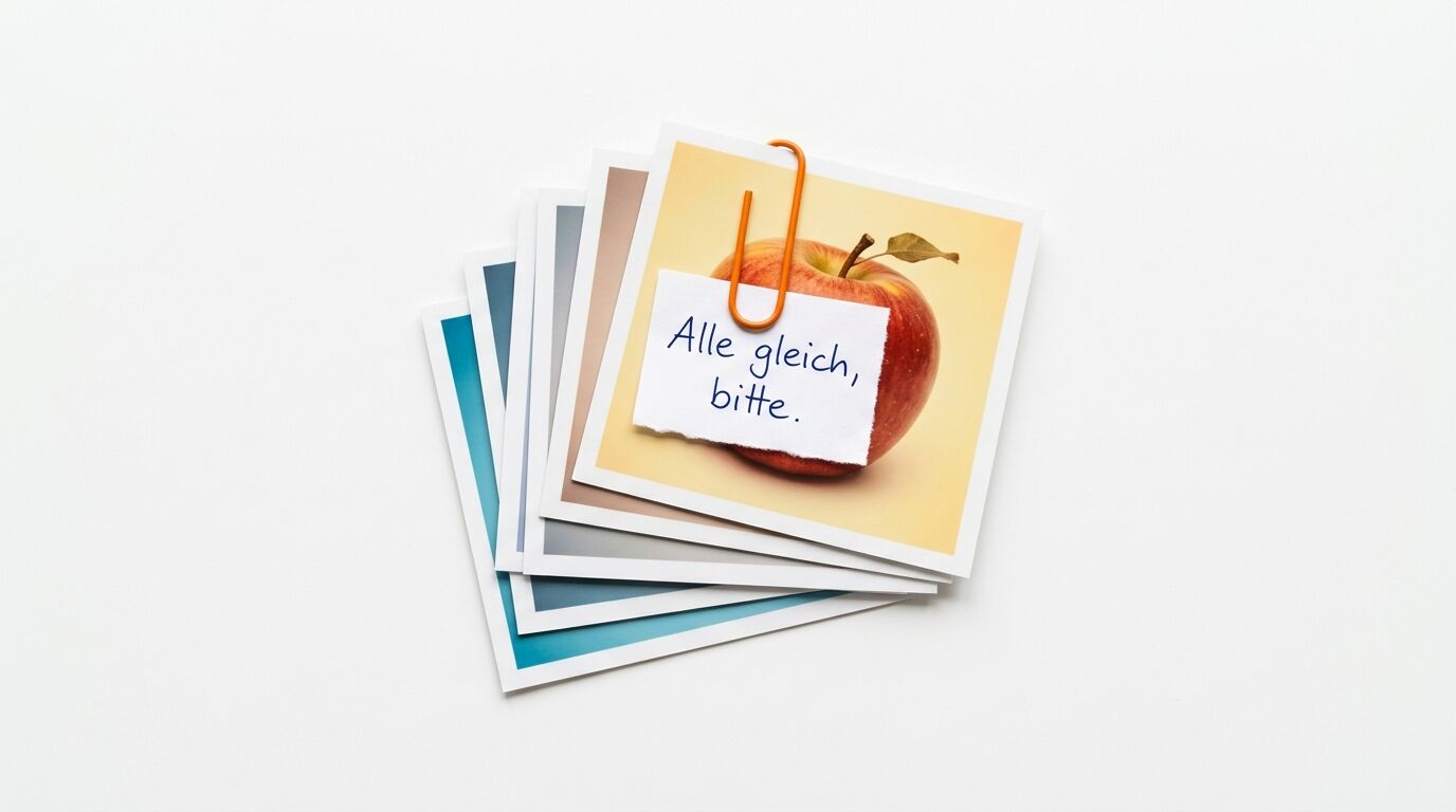 Stapel von Fotos mit orange Büroklammer. Oberstes Foto zeigt roten Apfel mit gelbem Hintergrund und Notiz "Alle gleich, bitte"