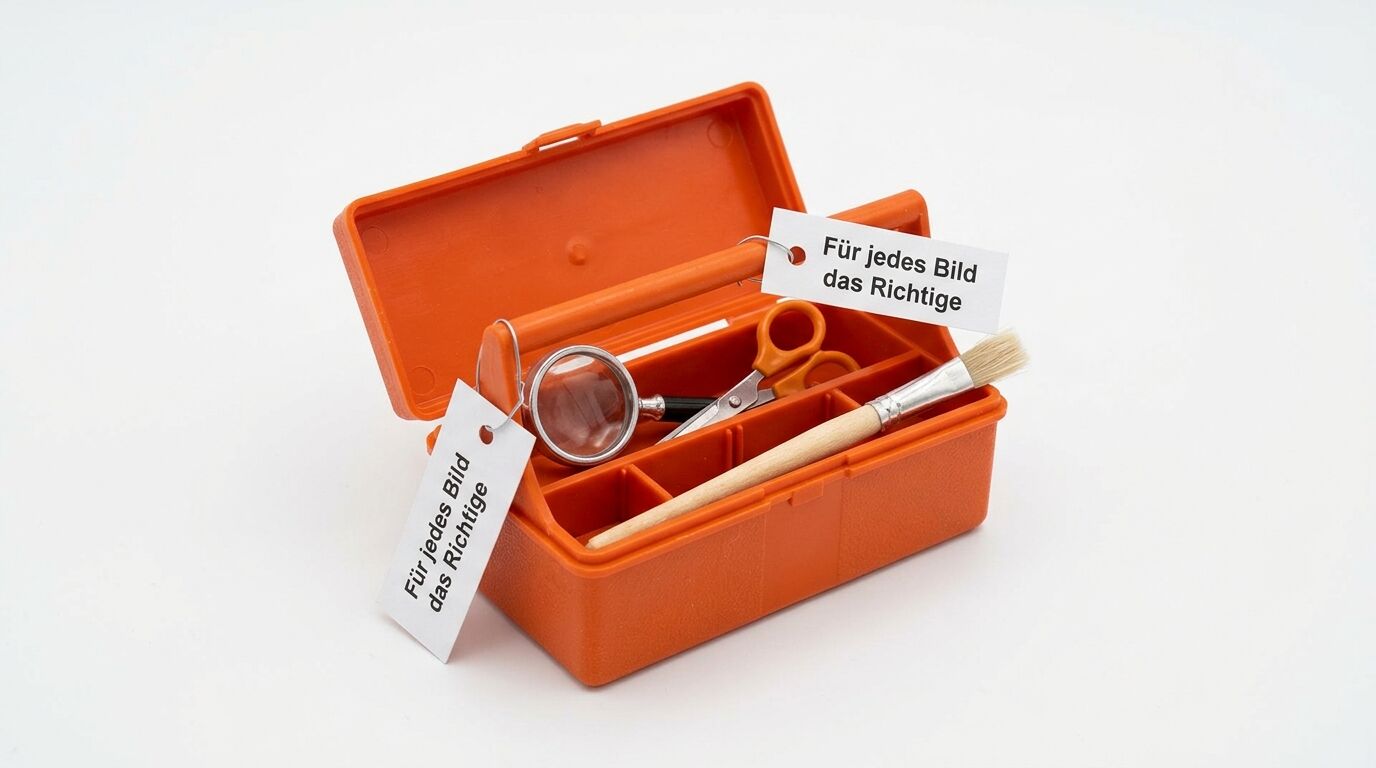 Offene orange Kunststoffbox mit Lupe, Schere, Pinsel und Etiketten mit deutschem Text "Für jedes Bild das Richtige"