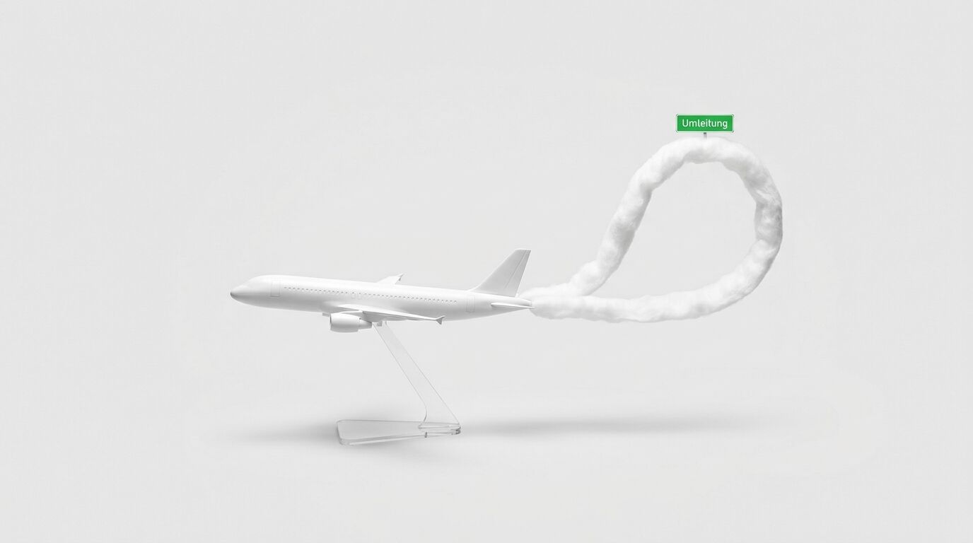Modellflugzeug auf Ständer mit Watte-Umleitungsschleife und Schild „Umleitung“ auf Grau