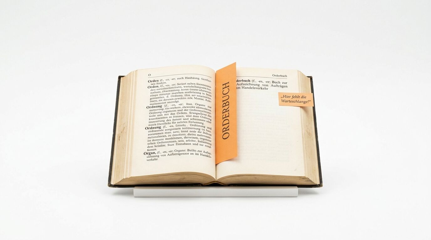 Aufgeschlagenes Buch mit einem orangefarbenen Trennstreifen und einem gelben Aufkleber
