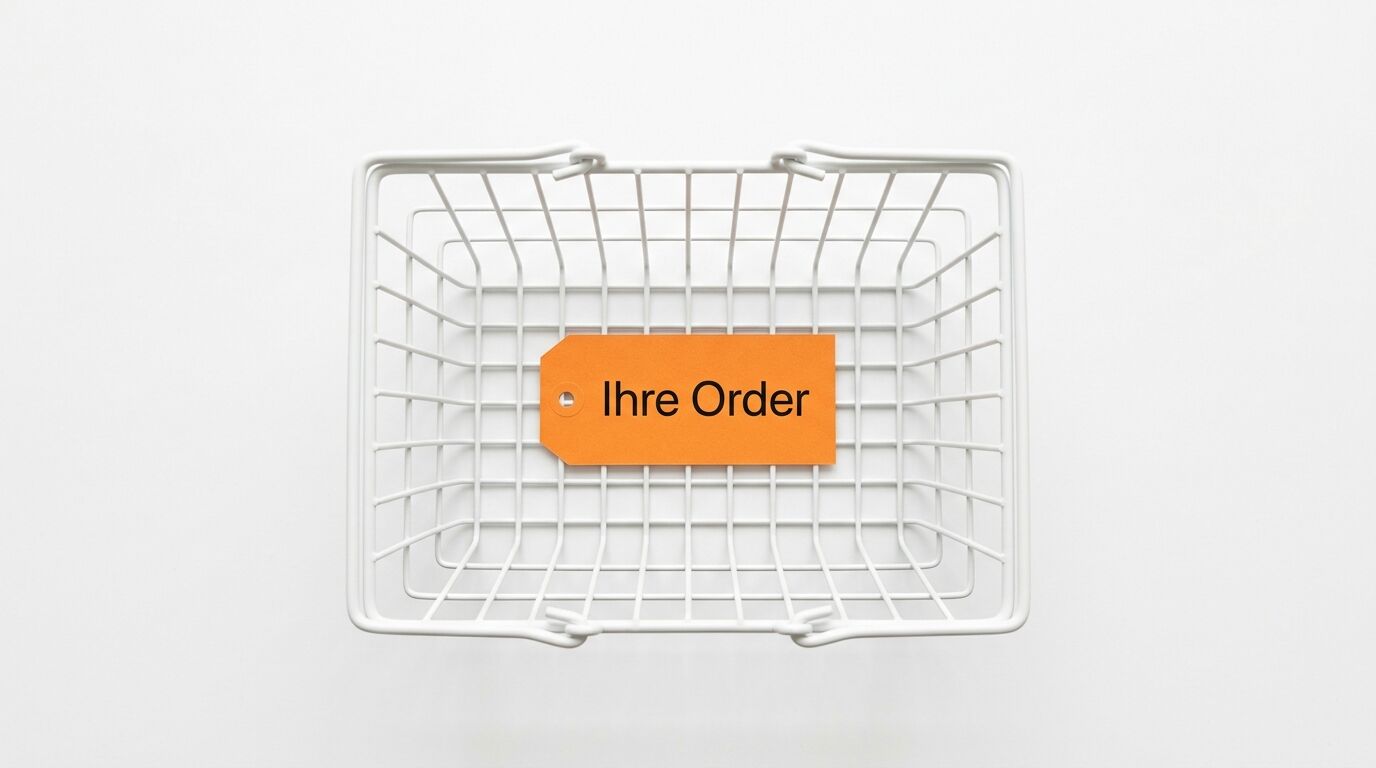 Draufsicht auf einen weißen Metallkorb mit einem orangefarbenen Anhänger „Ihre Order“