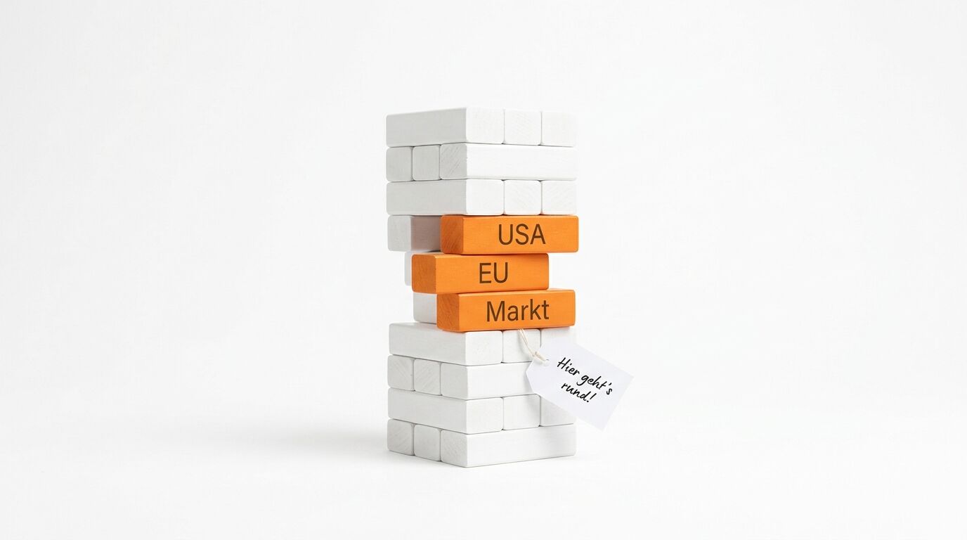 Ein Stapel weißer Holzklötze mit drei orangen Klötzen („USA“, „EU“, „Markt“) und Anhänger