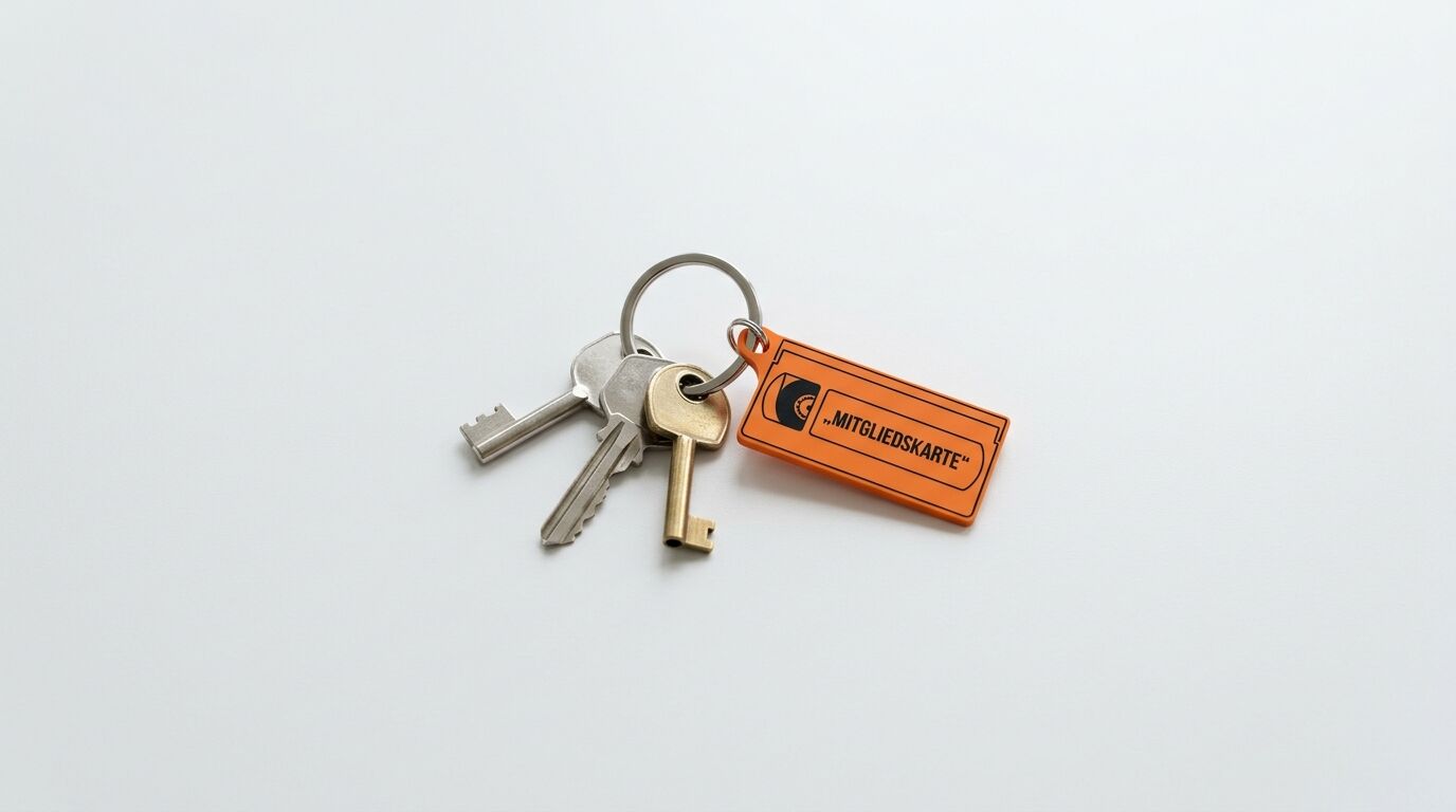 Ein Schlüsselbund mit drei Schlüsseln und einem orangefarbenen Anhänger mit der Aufschrift „MITGLIEDSKARTE“ vor hellem Hintergrund