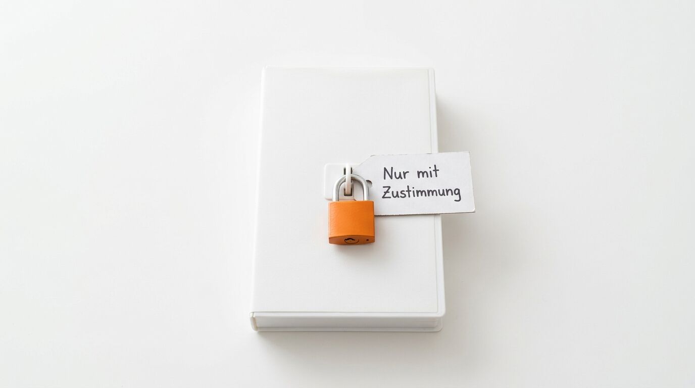 Weißer Buchständer mit Vorhängeschloss und Texttag