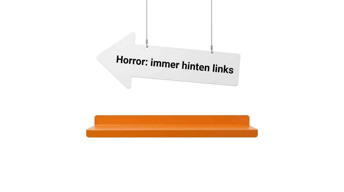 hängendes Pfeilschild „Horror: immer hinten links“ über leeren orangen Regal auf weißem Grund