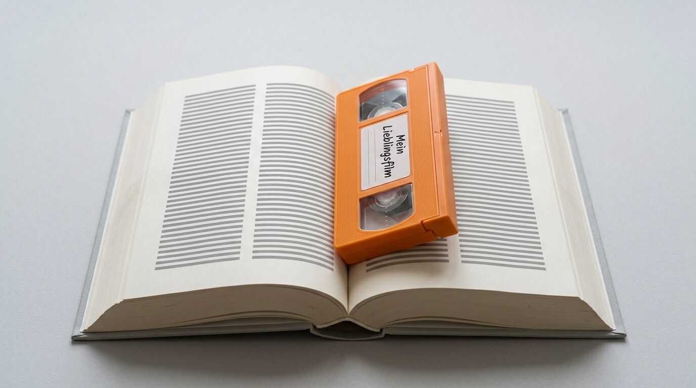 Offenes Buch mit liegender oranger Videokassette mit der Aufschrift „Mein Lieblingsfilm“