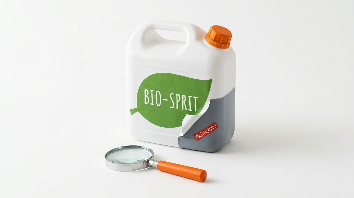 Kanister, teilweise grau, mit Aufschrift „BIO-SPRIT“ und Lupe