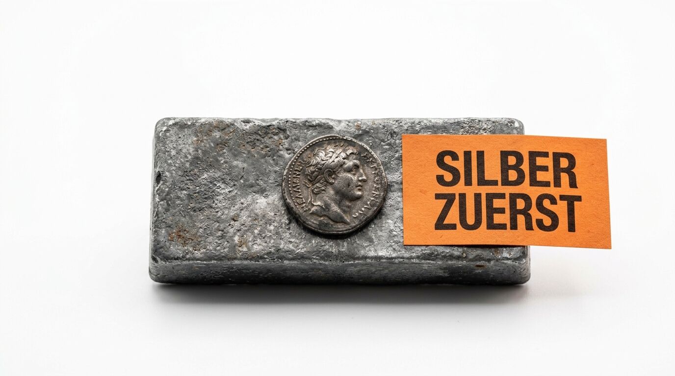 Silberbarren mit antiker Münze und orangem Schild „SILBER ZUERST“
