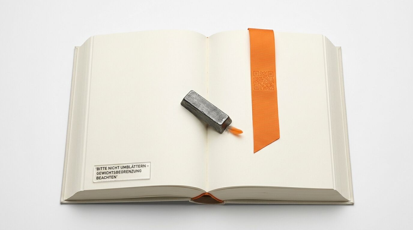 Offenes Buch mit Gewicht, Feder, orangefarbenem Lesezeichen (mit QR-Code) und Textschild