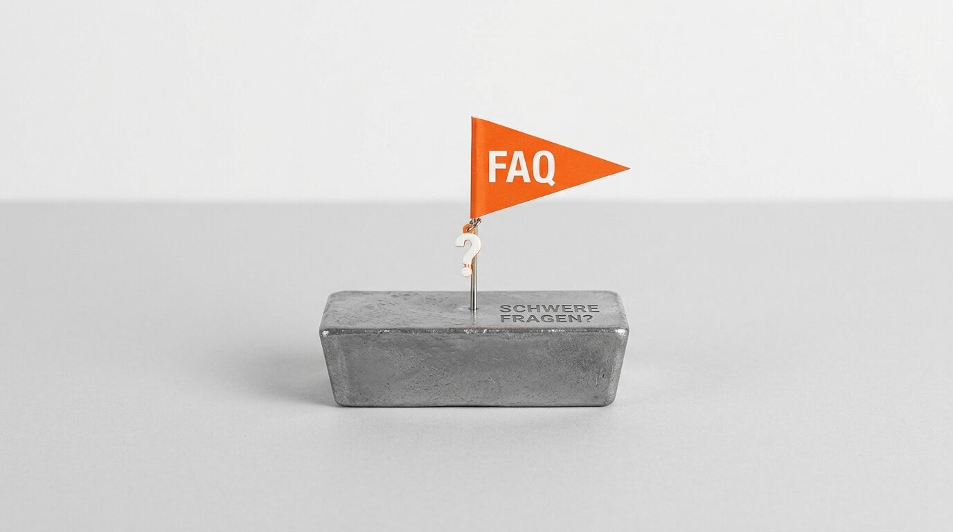 Silberner Block mit Aufschrift „SCHWERE FRAGEN?“, darauf eine Wimpelfahne mit „FAQ“ und Fragezeichen