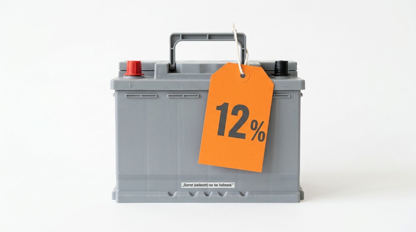 Graue Autobatterie mit 12%-Preisschild und Fußnoten-Aufkleber auf weißem Grund