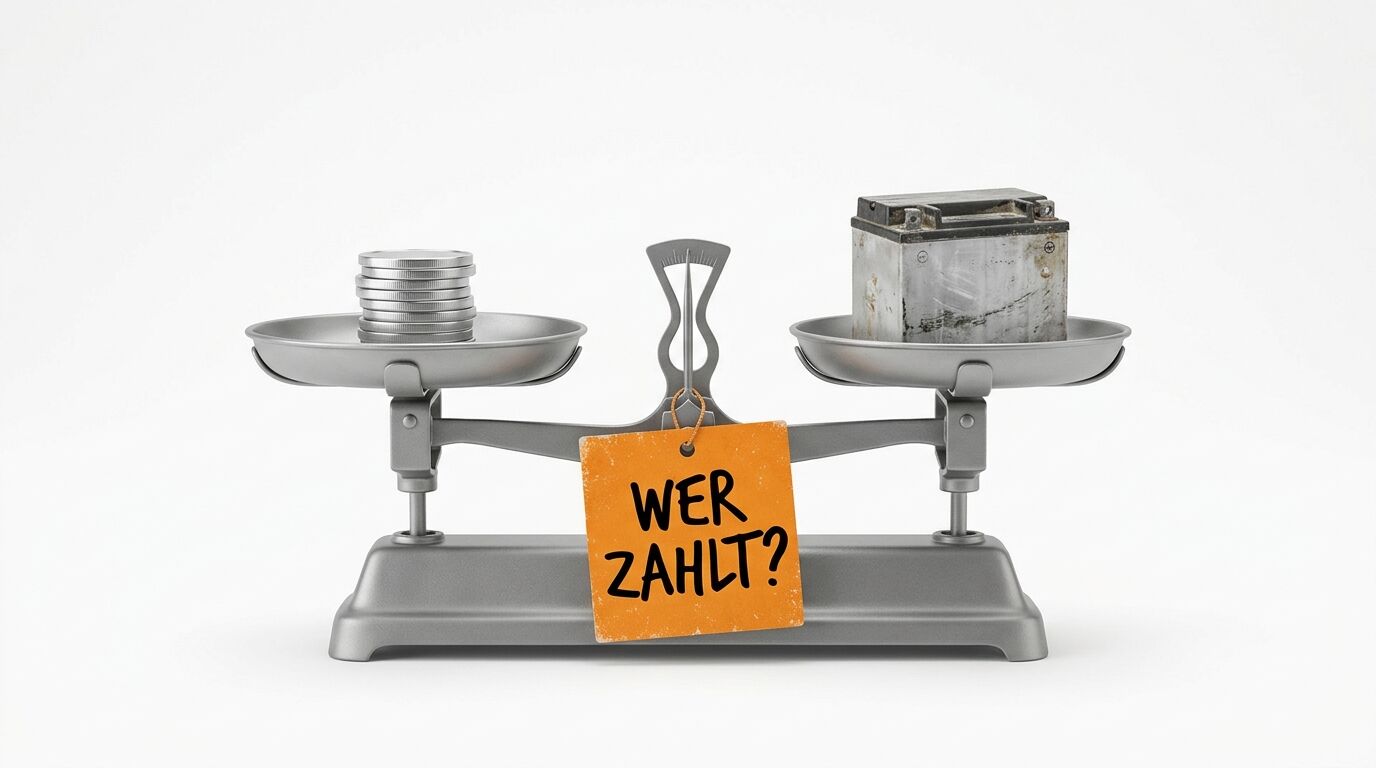 Eine Waage mit Münzen links, einer Batterie rechts und dem Schild 