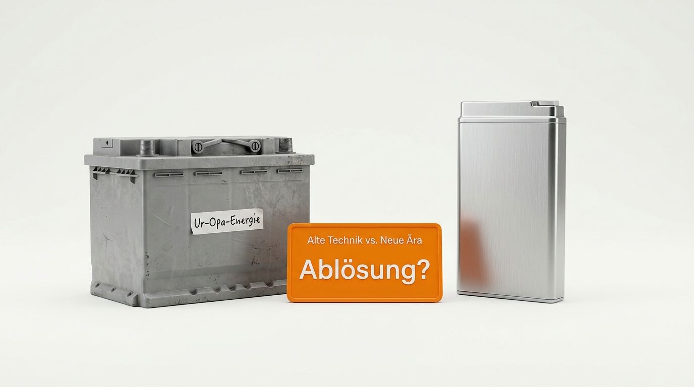 Vergleich von alter Autobatterie und neuem Energiespeicher vor weißem Hintergrund