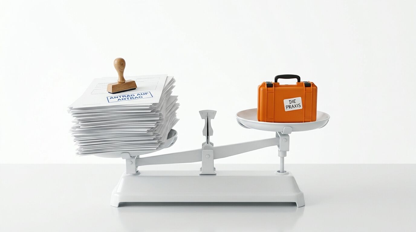 Papierstapel auf Waage wiegt schwerer als orangefarbener Koffer auf der anderen Seite