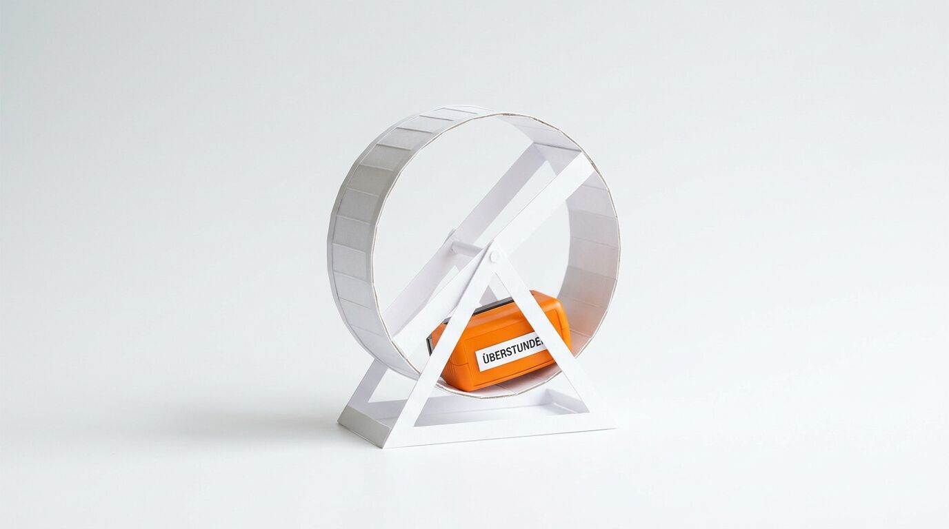 Papiermodell eines Hamsterrads mit einem orangefarbenen Stempel mit Aufschrift ÜBERSTUNDE