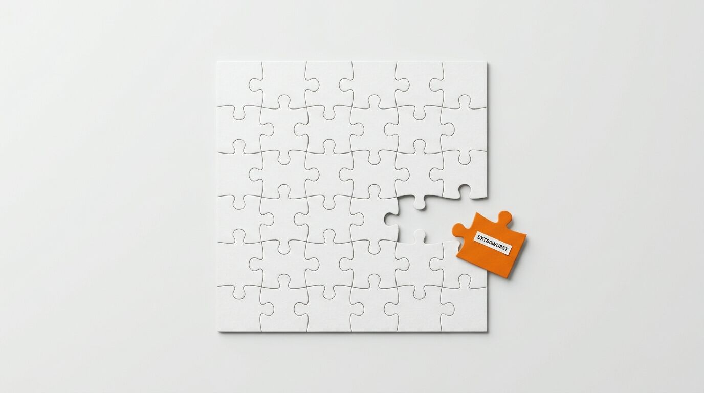 Weißes Puzzle mit fehlendem Teil, daneben oranges Teil mit Aufschrift „EXTRAWURST“