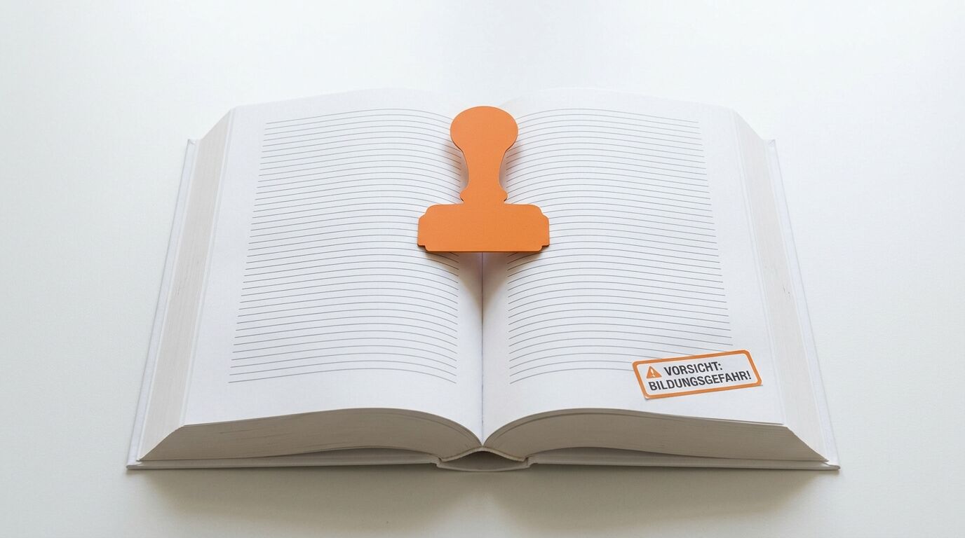 Buch mit orangefarbenem Stempel und Sticker „VORSICHT: BILDUNGSGEFAHR!“